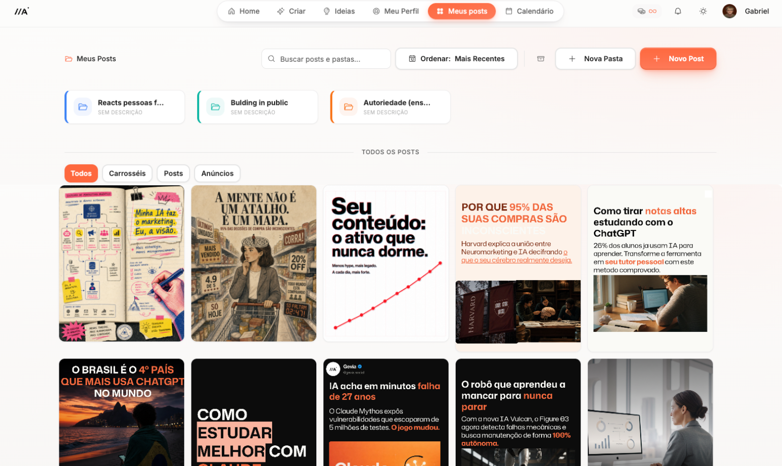 Tela Meus posts da plataforma Gevia, com a galeria de carrosséis e posts criados